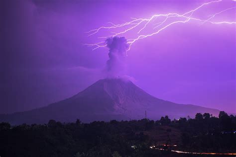 Lightning Strikes Erupting Mount Sinabung Volcano As It Spews Ash Cloud