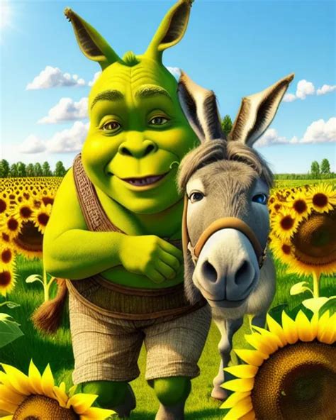 Shrek And Donkey Walking In A Beautiful Sunflower Starryai