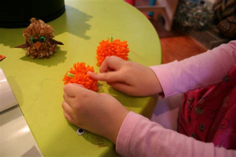 Pink And Green Mama Halloween Crafts For Kids Yarn Pom Pom Pumpkins