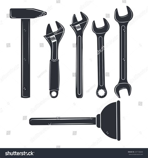 Set Silhouettes Of Tools Open End Adjustable Wrench Spanner Hammer