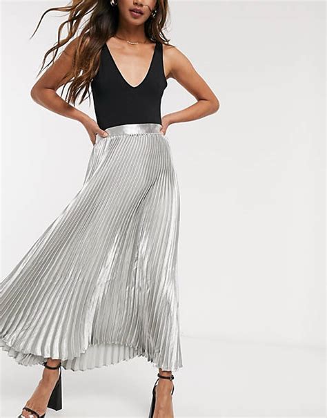 Asos Design Metallic Pleated Midi Skirt In Silver Asos