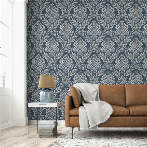 Eleanor Damask Blue 173513 Metallic Wallpaper By Muriva Darcy James