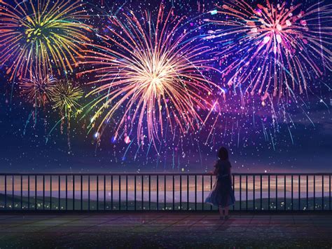 Wallpaper Girl Alone Fireworks Anime Art Hd Widescreen High