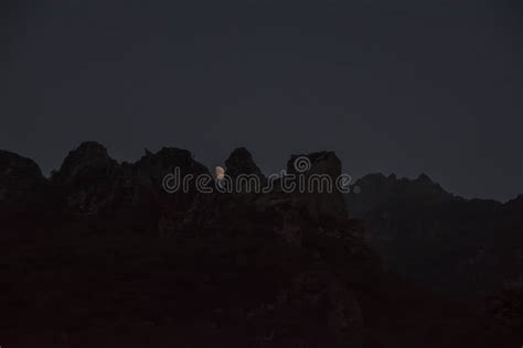 Fantastic Mountain Peaks And Moon Amazing Night Landscape With