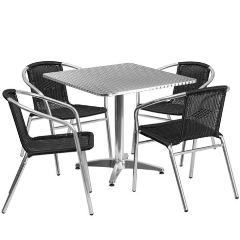 315 Square Aluminum Indoor Outdoor Table Set With 4 Black Rattan