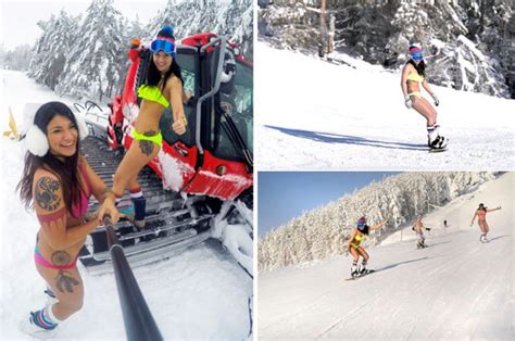 Bikini Clad Girls Hit Ski Slopes In Swimwear In Khvalynsk Russia