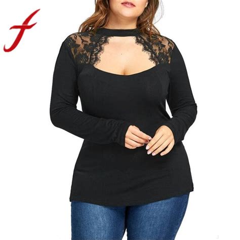 Feitong Womens T Shirts Sexy Open Chest Lace Splice Long Sleeve Casual