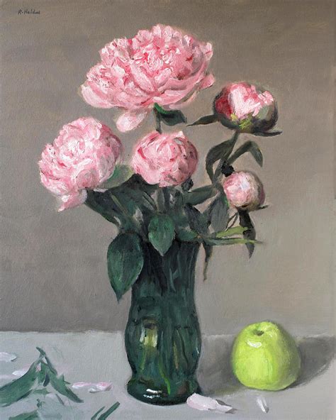 Pink Peonies In Green Glass Vase With A Golden Delicious Apple Painting