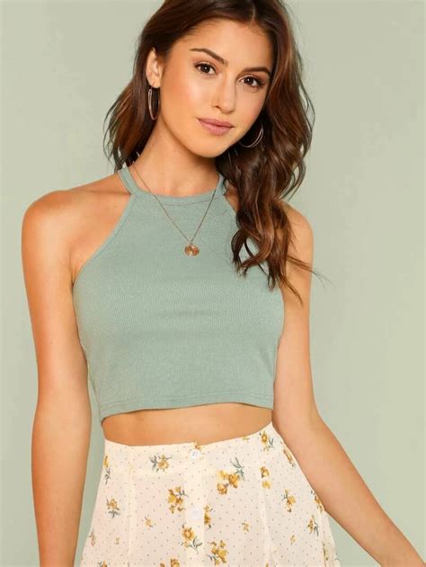 Rib Knit Fitted Crop Halter Top Romwe Halter Crop Top Fashion