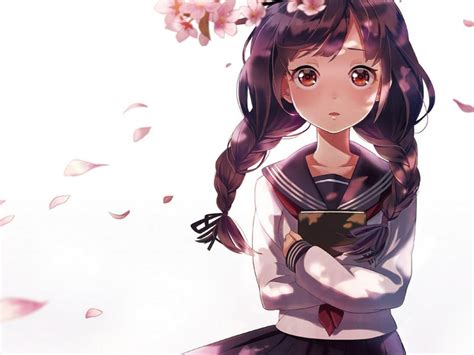 Wallpaper Cute Japanese Anime Girl Cherry Pigtail Uniforms Books Hd Widescreen High