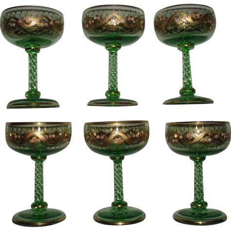 Antique Bohemian Set Of 6 Moser Quality Gold Etched Enameled Green Glass Goblets Antiques
