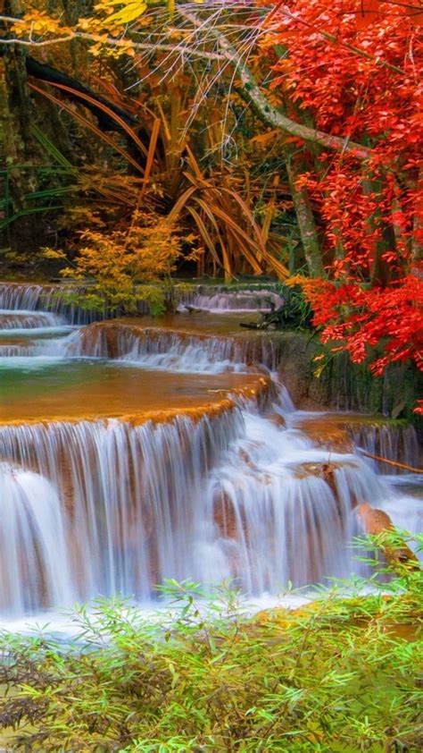 Waterfall Between Autumn Trees With Autumn Red And Yellow Leaves In