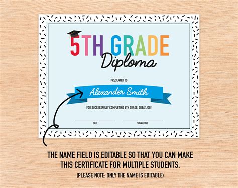 Editable 5th Grade Diploma Printable Certificate For Class End Of