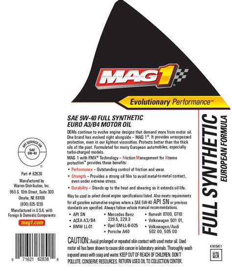 Mag 1 Full Synthetic European 5w‑40 A3b4 Motor Oil Mag 1