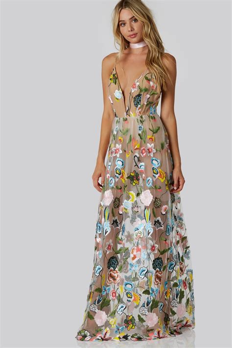 Missguided Lace Nude Plunge Embroidered Fishtail Maxi Dress In Natural