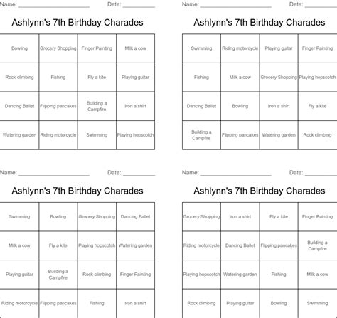 Ashlynns 7th Birthday Charades Bingo Cards Wordmint