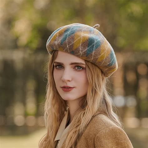 women wool berets french artist hat plaid vintage cap beanies for girls thicken warm winter