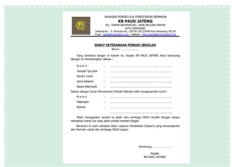 Contoh Surat Pindah Sekolah PAUD Format Doc