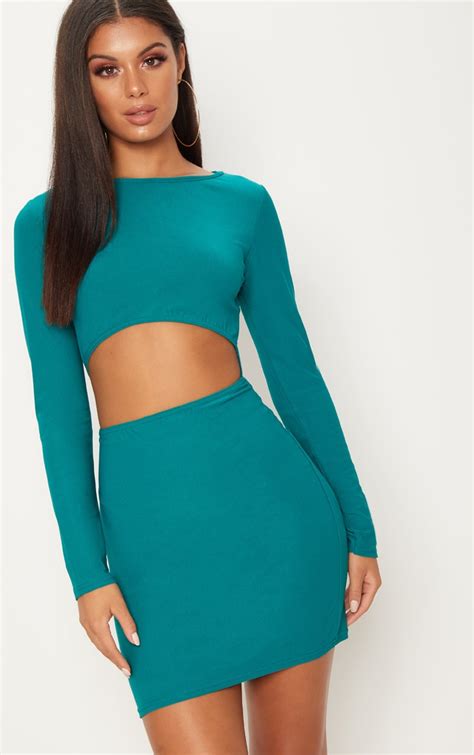 Deep Turquoise Long Sleeve Cut Out Bodycon Dress Prettylittlething