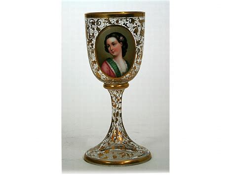 A Victorian Cameo Overlay Enamelled Glass Goblet On A Circular British Victorian Glass