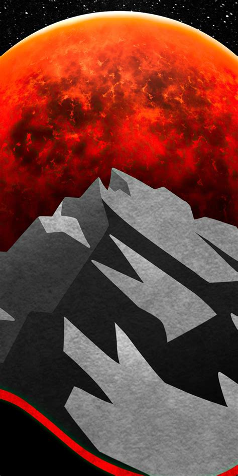 Download 1080x2160 Wallpaper Red Sun Between Mountains Digital Art