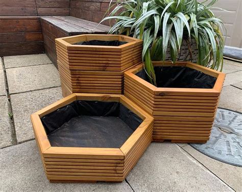 Set Of 3 Wooden Hexagonal Planter Wooden Planter Outdoor Set Of