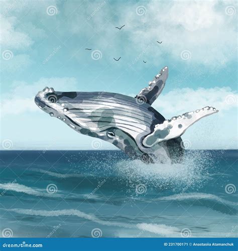 A Watercolor Whale Jumps Out Of The Water Colorful Illustration Of A