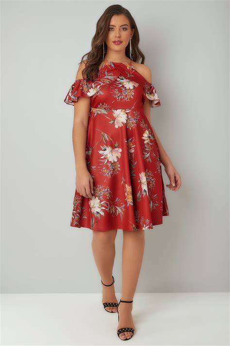 Limited Collection Red Floral Print Cold Shoulder Dress With High Neck