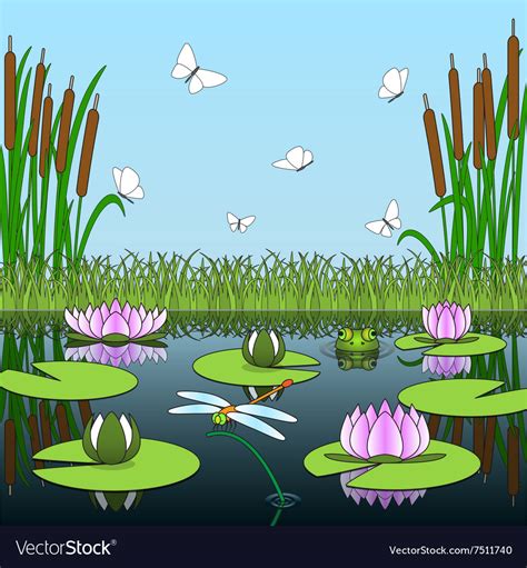 Colorful Cartoon Background With Pond Inhabitants Vector Image