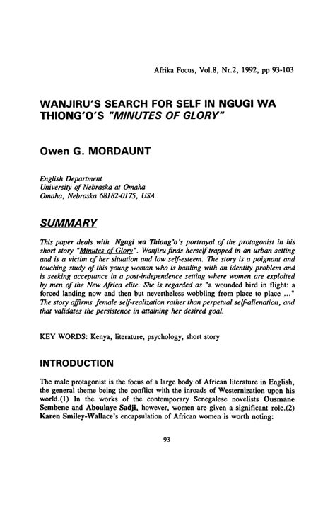 Pdf Wanjiru’s Search For Self In Ngugi Wa Thiong’o’s “minutes Of Glory”