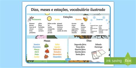 Dias Meses E Estações Vocabulário Ilustrado Portuguese