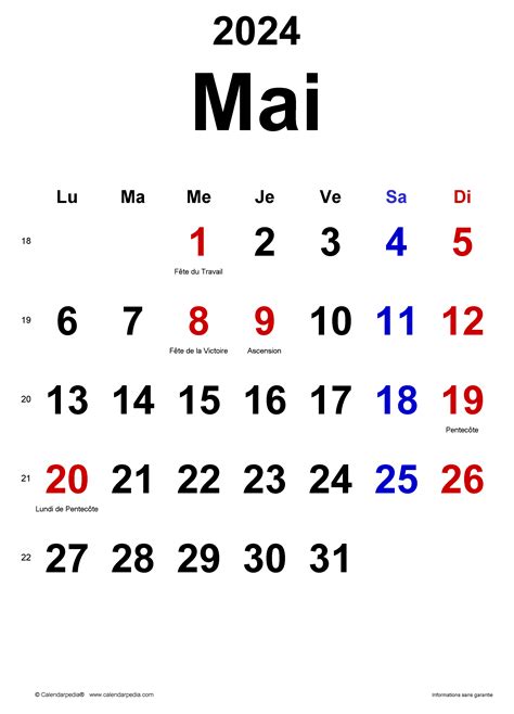 Calendrier Mai 2024 Excel Word Et Pdf Calendarpedia