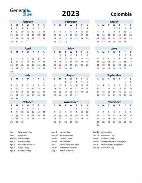 2023 Colombia Calendar With Holidays
