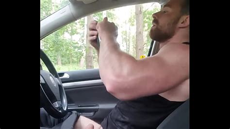 Muscle Guy Jerking Off Inside A Car In Forrest Public Place Outside