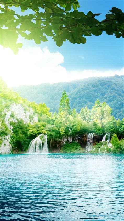 Enchanting Lake Waterfalls Blue Sky Android Wallpaper Free