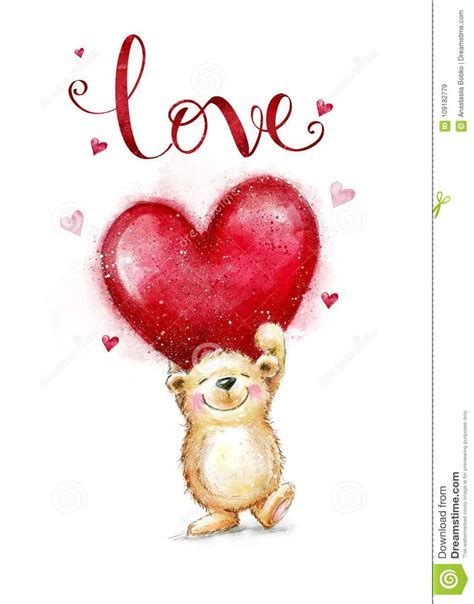 Teddy Bear Mignon Dans Lamour Avec Le Grand Coeur Rouge Carte Postale