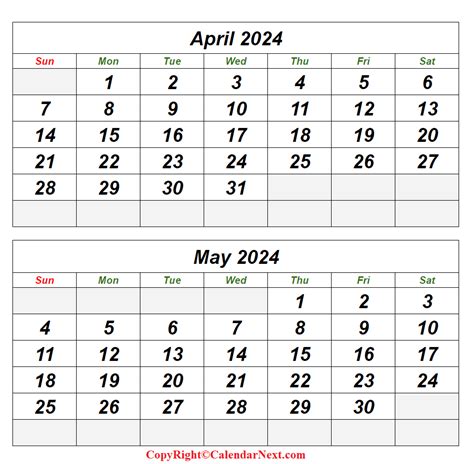 Printable April And May 2024 Calendar Template With Note