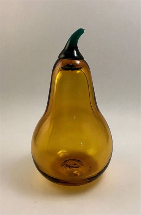 Vintage Blenko Pear In Hand Blown Topaz Glass With Green Stem Glass Pear Hand Blown Glass