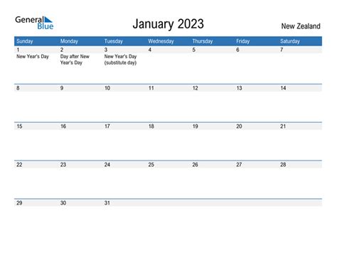January 2023 Calendar With New Zealand Holidays