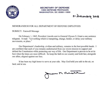 Secretary Of Defense Mattis Farewell Message Our Department Is Best