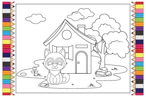 Coloring Cute Animal With House Background For Kids 879020 Coloring