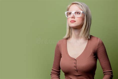 Beautiful Blonde Girl In A Glasses And Brown Blouse Stock Photo Image