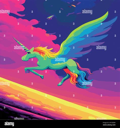 Magical Cute Unicorn Flying In The Clouds In Cartoon Style For Web