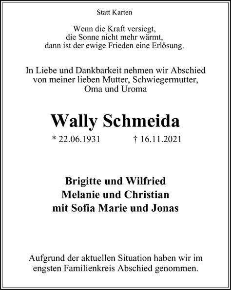 Traueranzeigen Von Wally Schmeida Trauer In Nrwde