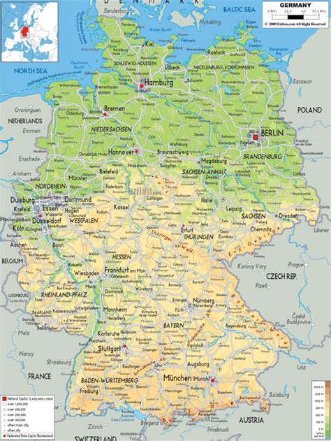 Large Detailed Physical Map Of Germany With All Cities Roads And