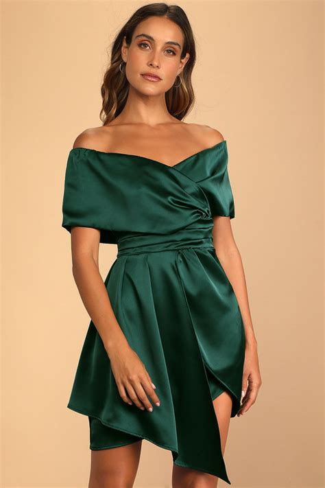 Dark Green Satin Dress Asymmetrical Dress Satin Mini Dress Lulus