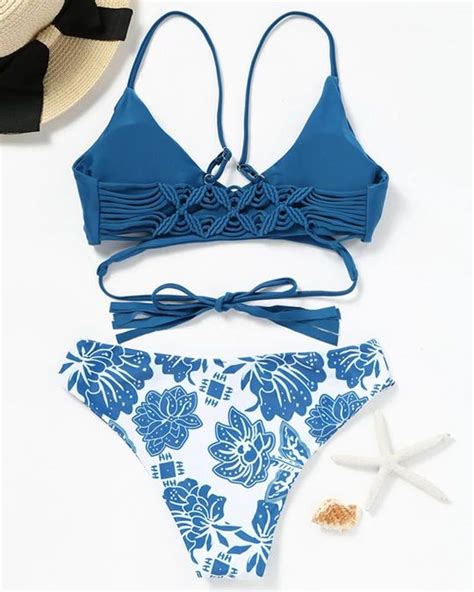 blue crochet and floral wrap bikini set sunygal wrap bikini set solid bikini floral bikini