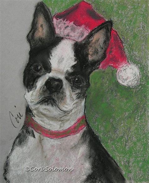 A Christmas Terrier Boston Terrier Dog Art Pastel Drawing By Cori