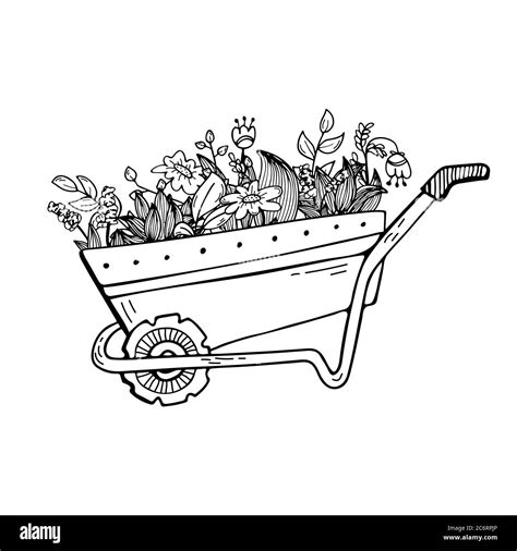 Doodle Illustration Of A Garden Wheelbarrow With Plants And Flowers