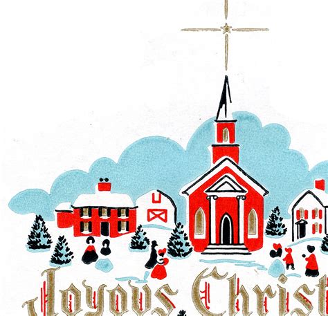 Adorable Retro Christmas Church Scene The Graphics Fairy
